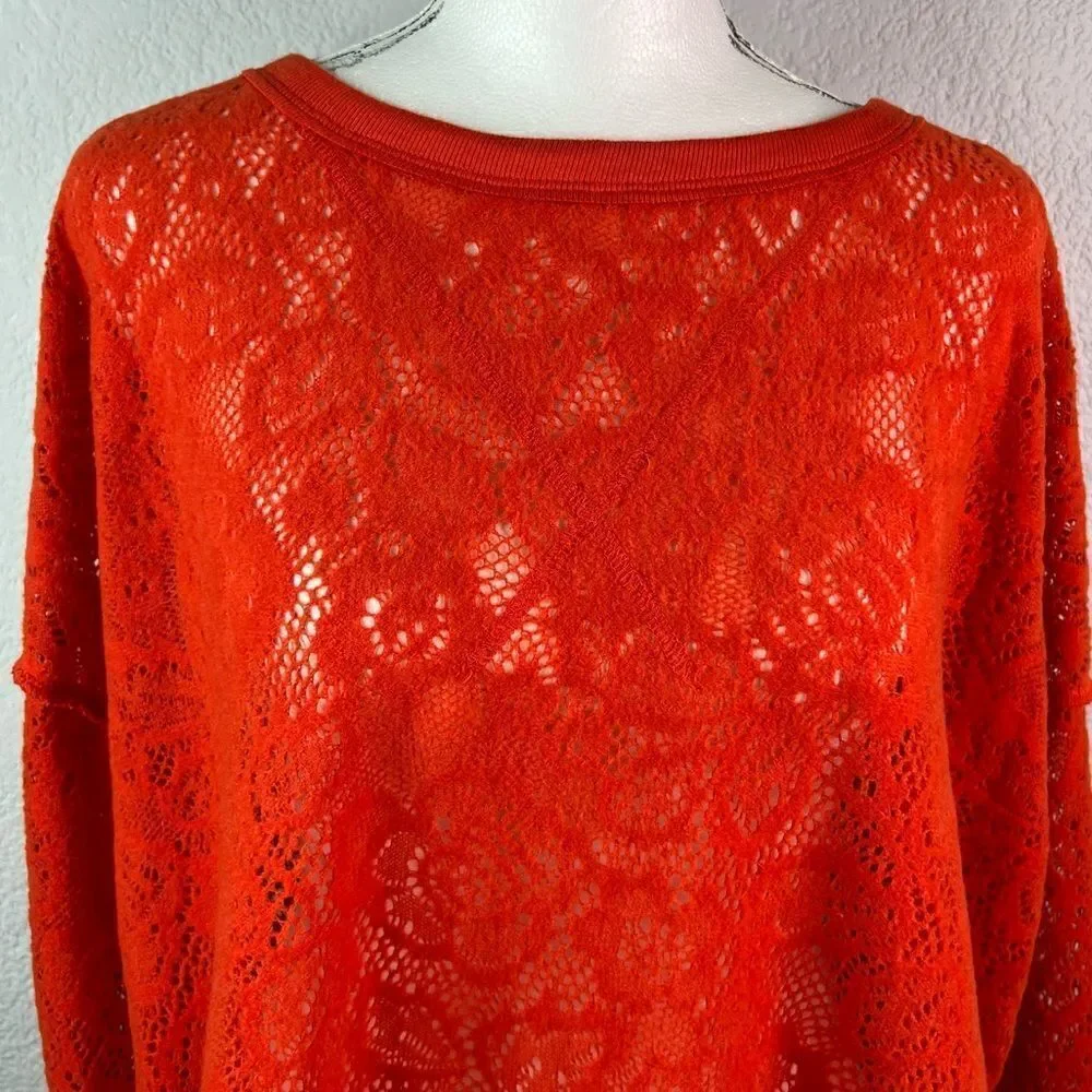 Free People Oversized Orange Long Sleeve Top Semi-Sheer Lacy Size XS Bohemian